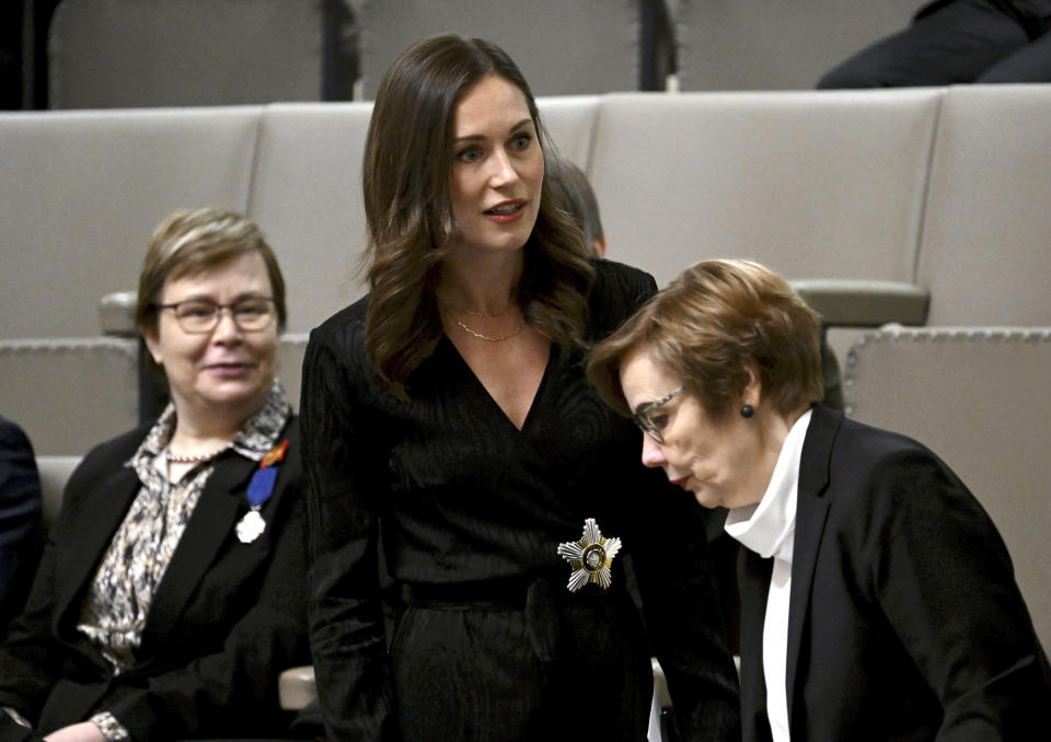 Former Prime Minister Sanna Marin attends the Parliament's plenary session before the inauguration of the President of the Republic of Finland Alexander Stubb in Helsinki, Finland, Friday March 1, 2024. (Markku Ulander/Lehtikuva via AP)