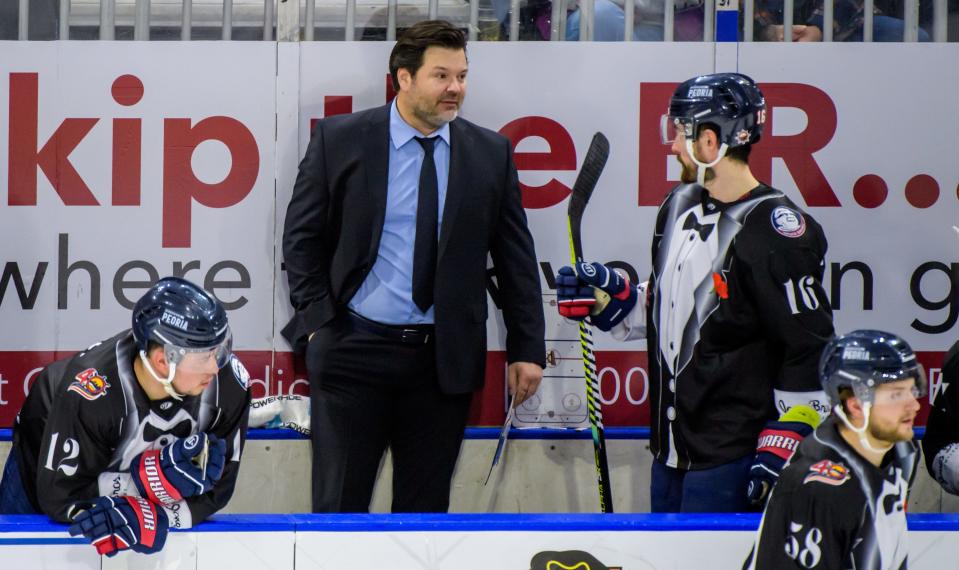 Rivermen head coach Jean-Guy Trudel talks with his players during a game against the Vermilion County Bobcats on Saturday, Jan. 15, 2022 at Carver Arena. The Rivermen defeated the Bobcats 3-1.