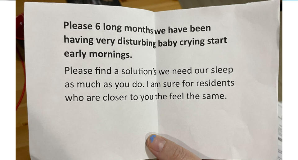 The mum was stunned to receive her neighbour's note which complained about her son's 'very disturbing' crying. Source: Facebook/SydneyMumsGroup