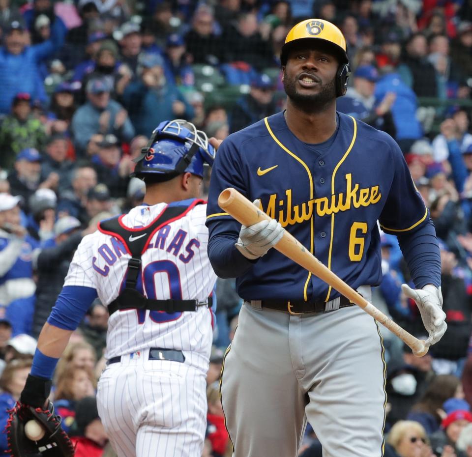 Milwaukee Brewers center fielder Lorenzo Cain (6) reacts after striking out with two men on base to end the second inning of their game against the Chicago Cubs Thursday, April , 2022 at Wrigley Field in Chicago, Ill.