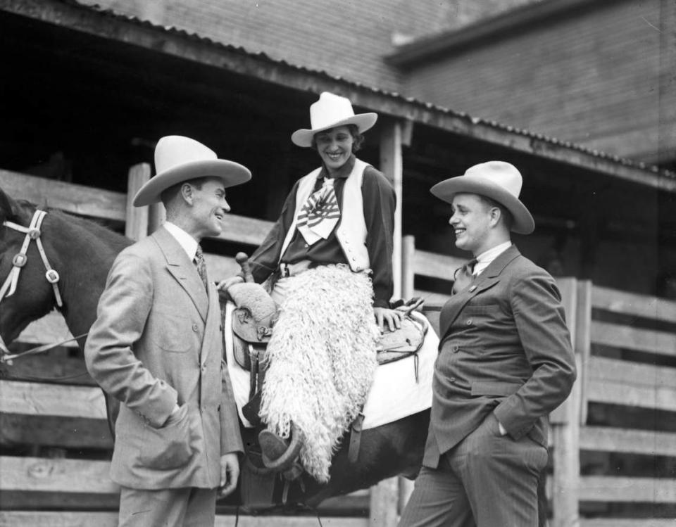 This photo was taken during Elliott Roosevelt’s first visit to Fort Worth, in March 1933. It shows (L to R) Elliott Roosevelt, cowgirl Tad Lucas, and Tarrant County Sheriff J. R. “Red” Wright.