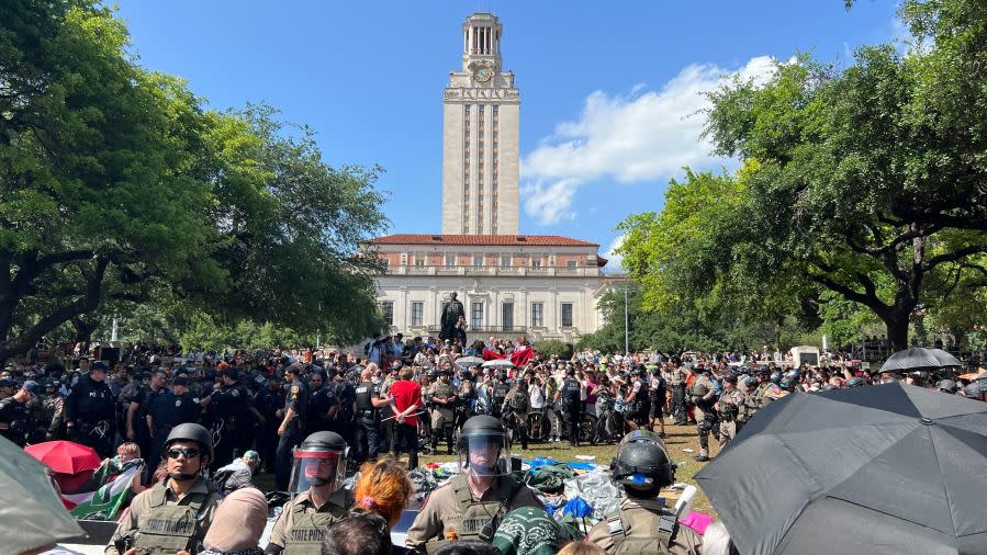 Law enforcement respond to pro-Palestine protest on UT campus Monday, April 29, 2024. (KXAN Photo/Andy Way)