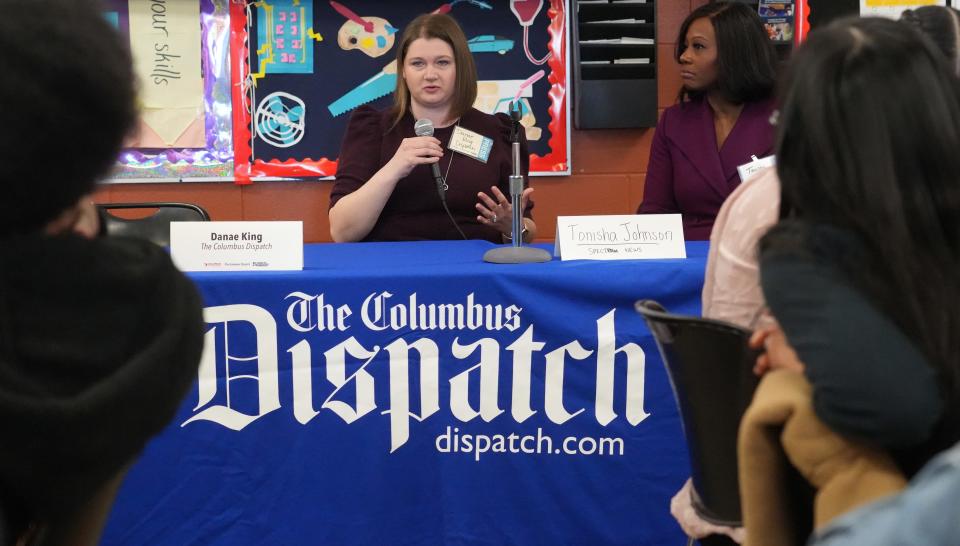 Columbus Dispatch reporter Danae King, left, and Spectrum News anchor-reporter Tonisha Johnson lead a workshop about their reporting as journalism professionals and students from Columbus City Schools participate in the Columbus Journalists in Training seminar on Feb. 18 at the Fort Hayes Career Center in Ohio.