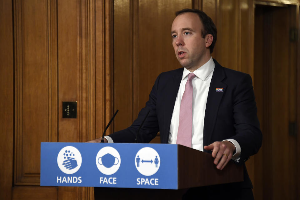 LONDON, ENGLAND - NOVEMBER 30: Secretary of State for Health and Social Care, Matt Hancock speaks during a virtual Covid-19 press conference at Downing Street on November 30, 2020 in London, England. (Photo by Alberto Pezzali - WPA Pool/Getty Images)