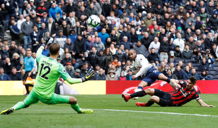 Soccer Football - Premier League - Tottenham Hotspur v Huddersfield Town - Tottenham Hotspur Stadium, London, Britain - April 13, 2019 Tottenham's Lucas Moura scores their fourth goal to complete his hat-trick Action Images via Reuters/Matthew Childs