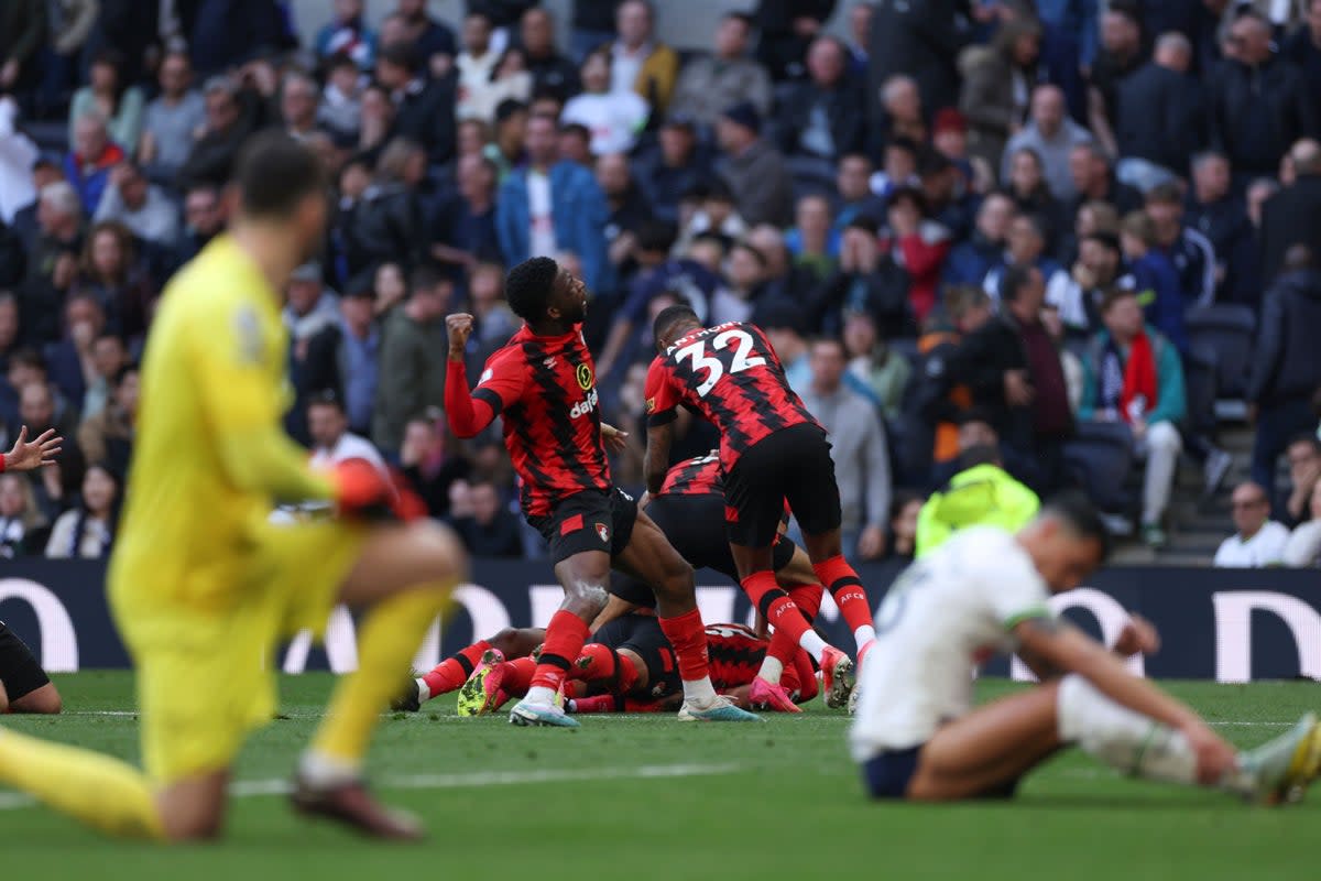 Dango Ouattara celebrates after scoring a late winner for Bournemouth at Tottenham (Ian Walton/AP/PA) (AP)