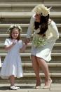 <p>Duchess Kate leaves the r<a href="https://www.harpersbazaar.com/royal-wedding/" rel="nofollow noopener" target="_blank" data-ylk="slk:oyal wedding;elm:context_link;itc:0;sec:content-canvas" class="link ">oyal wedding</a> of the Duke and Duchess of Sussex just four weeks after giving birth to Prince Louis. Here, she's seen talking to flower girl Charlotte on the steps of St. George's Chapel at Windsor Castle.</p>