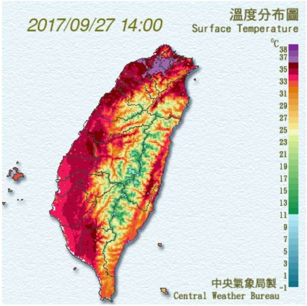 2017-09-27台北在今天觀測到38.6度高溫，成為今年最高溫，更打破台北設站121年以來9月高溫的歷史新紀錄。（取自中央氣象局）