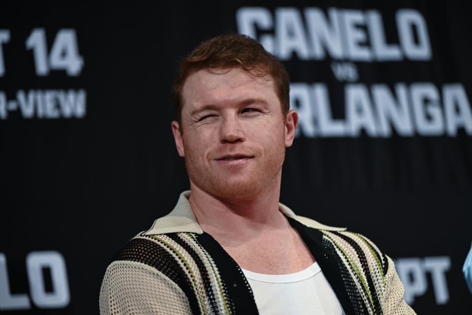 BEVERLY HILLS, CALIFORNIA - AUGUST 6: Canelo Alvarez and Edgar Berlanga hold a press conference at the Beverly Hills Hotel in Los Angeles, California, United States on August 6, 2024. (Photo by Tayfun Coskun/Anadolu via Getty Images)