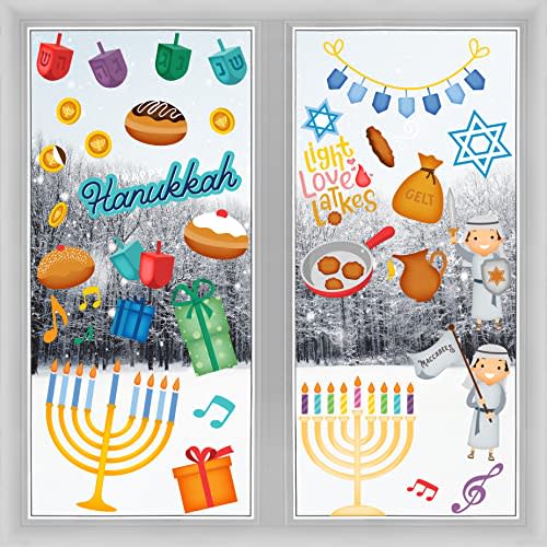 Large Hanukkah Window Clings Decals, Chanukah Theme Clings Decorations (48 Hanukkah Decals)