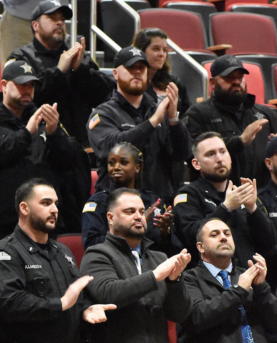 Members of the Bristol County Sheriff's office at Sheriff Paul Heroux's swearing in ceremony Tuesday, Jan. 3 at B.M.C. Durfee High School in Fall River.