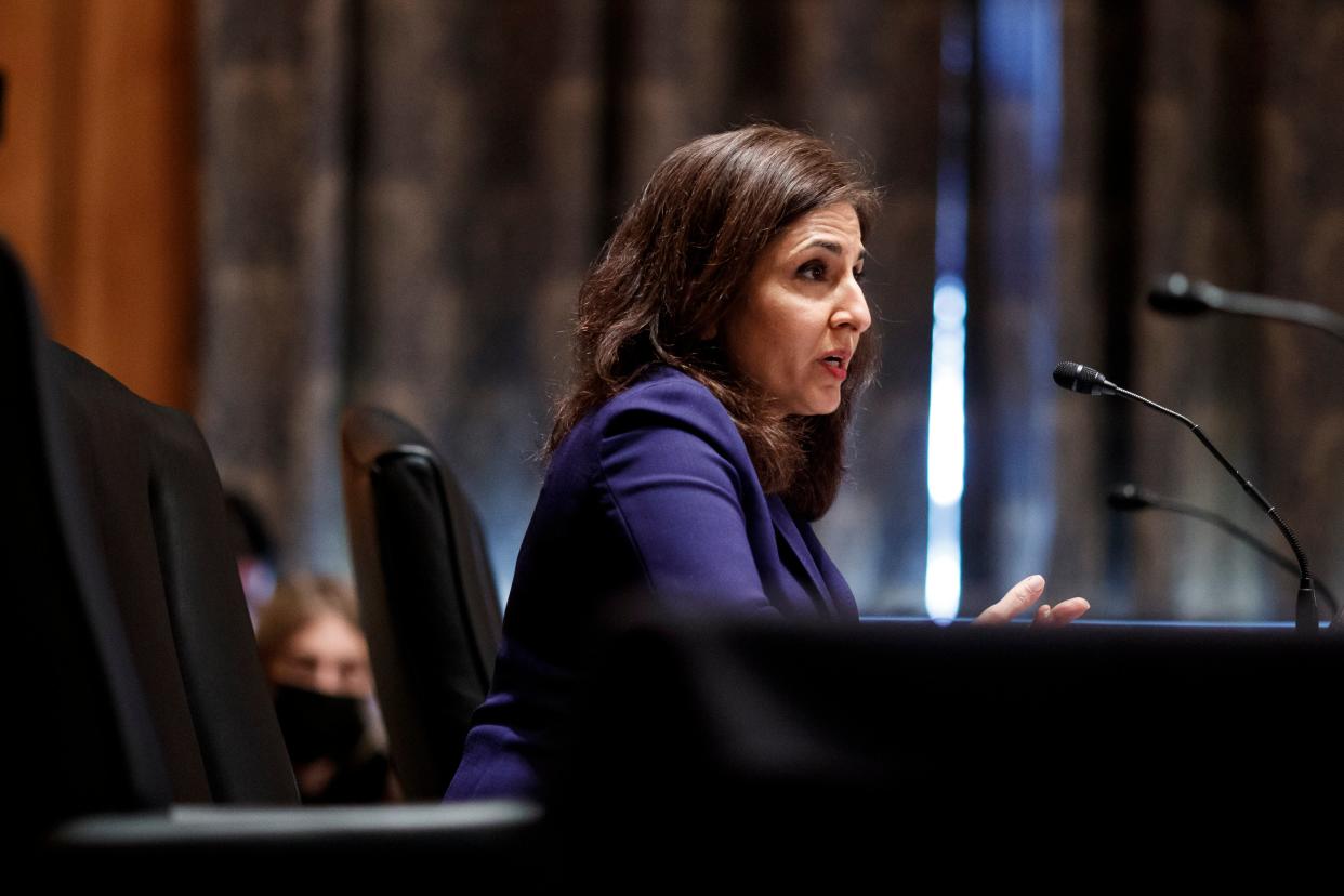 Neera Tanden, nominee for director of the Office and Management and Budget, speaks during a Senate Homeland Security and Governmental Affairs Committee confirmation hearing (Getty Images)