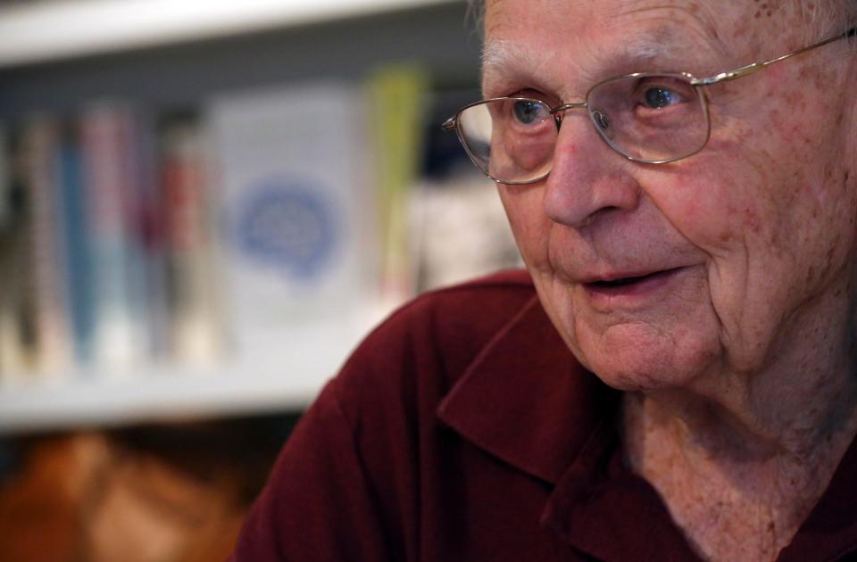 In this Tuesday, Jan. 8 2013 photo, literary agent Sterling Lord speaks during an interview in his New York office. He died at age 102 on Sept. 3, 2022.  (AP Photo/Mary Altaffer)