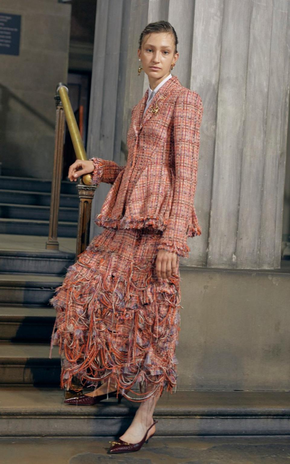 'I made an English-style short-cut tweed suit and imagined its skirt being pecked to pieces,' says Moralıoğlu