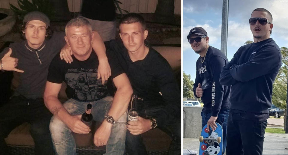 Luke Gilbert and two men seated (left) and Luke standing with another man at a skate park (right) 