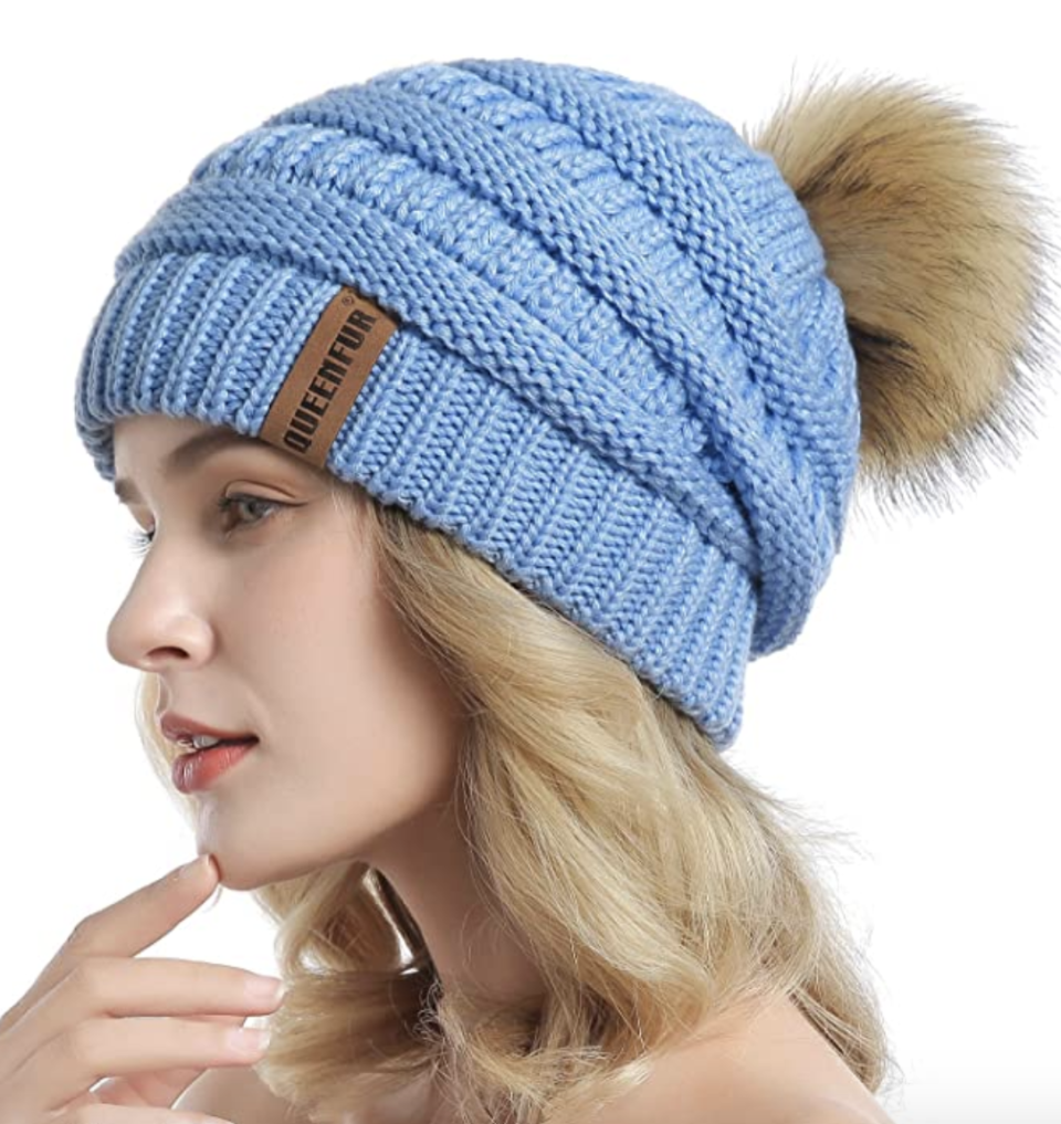 Queenfur Knit Slouchy Beanie for Women in Sky Blue