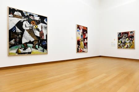 Paintings of Marc Chagall are shown in the gallery of the Stedelijk Museum in Amsterdam