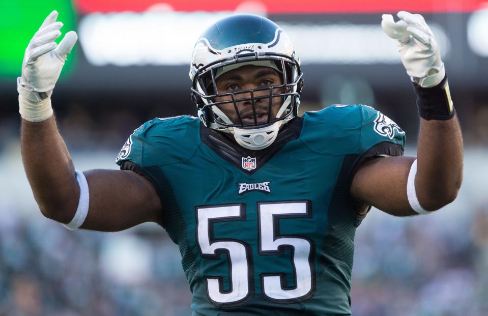 Philadelphia Eagles defensive end Brandon Graham (55) reacts to a stop against the Pittsburgh Steelers during the second quarter at Lincoln Financial Field.