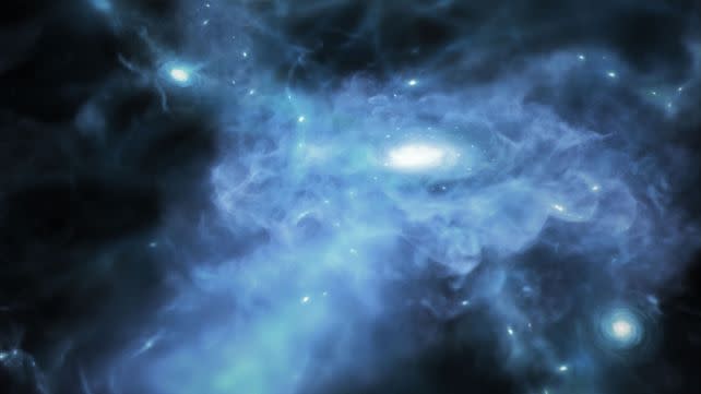 An artist's impression of galaxy formation in the early Universe. (<a href="https://webbtelescope.org/contents/media/images/2024/114/01HTFYXFWQEAFXJ86F3YCTBYJ0?news=true" rel="nofollow noopener" target="_blank" data-ylk="slk:NASA, ESA, CSA, Joseph Olmsted/STScI;elm:context_link;itc:0;sec:content-canvas" class="link ">NASA, ESA, CSA, Joseph Olmsted/STScI</a>)