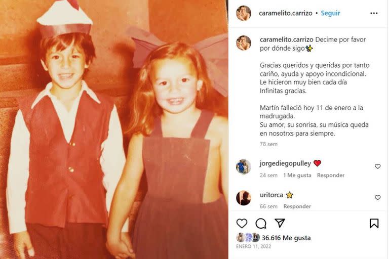 El posteo de Cecilia Caramelito Carrizo en el que anunció el fallecimiento de su hermano Martín, en enero de 2022