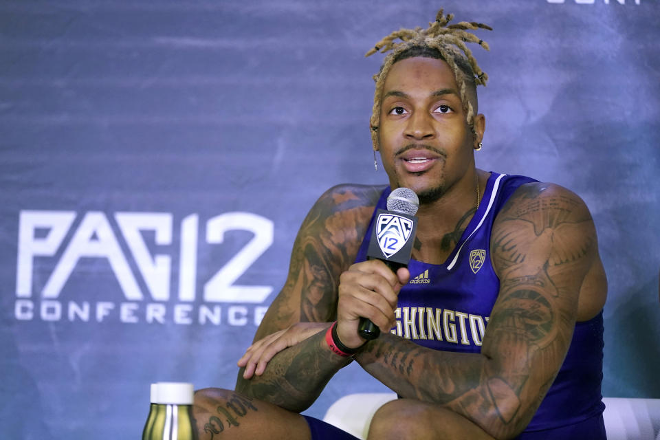 Washington's Nate Roberts speaks during Pac-12 Conference NCAA college basketball media day Wednesday, Oct. 13, 2021, in San Francisco. (AP Photo/Jeff Chiu)