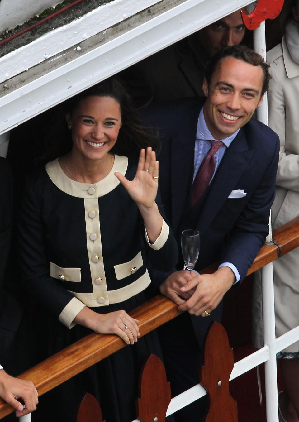 Middleton and her brother, James, smile from the Spirit of Chartwell during the Diamond Jubilee Thames River Pageant on June 3, 2012.