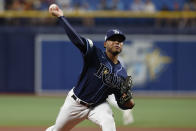 Tampa Bay Rays starting pitcher Taj Bradley throws to a Houston Astros batter during the first inning of a baseball game Monday, April 24, 2023, in St. Petersburg, Fla. (AP Photo/Scott Audette)