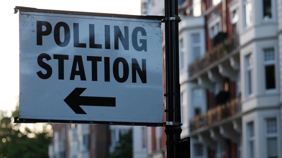 A polling station sign in London