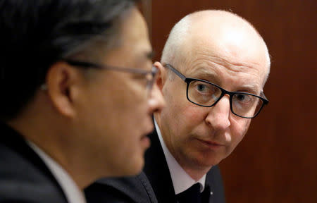 Lars Stenqvist (R), chief technology officer at Volvo Group Trucks Technology, and Douglas Nakano, senior vice president of UD Trucks Technology, attend an interview with Reuters in Tokyo, Japan April 23, 2018. REUTERS/Toru Hanai