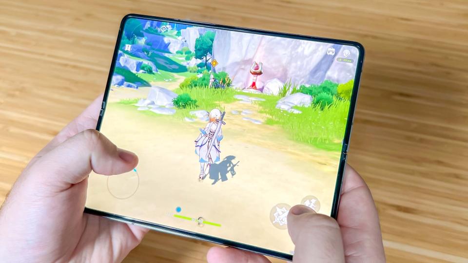 An image of the Samsung Galaxy Z Fold 4 being used to play Genshin Impact