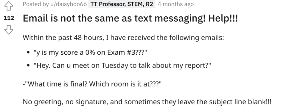 The image shows a screenshot of a social media post discussing confusing emails a professor received from students