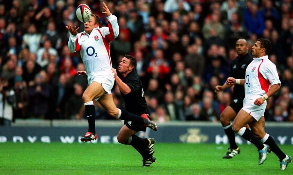 Jonny Wilkinson fields his own chip and prepares to score England’s second try in the 31 – 28 win over the All Blacks at Twickenham in November 2002.