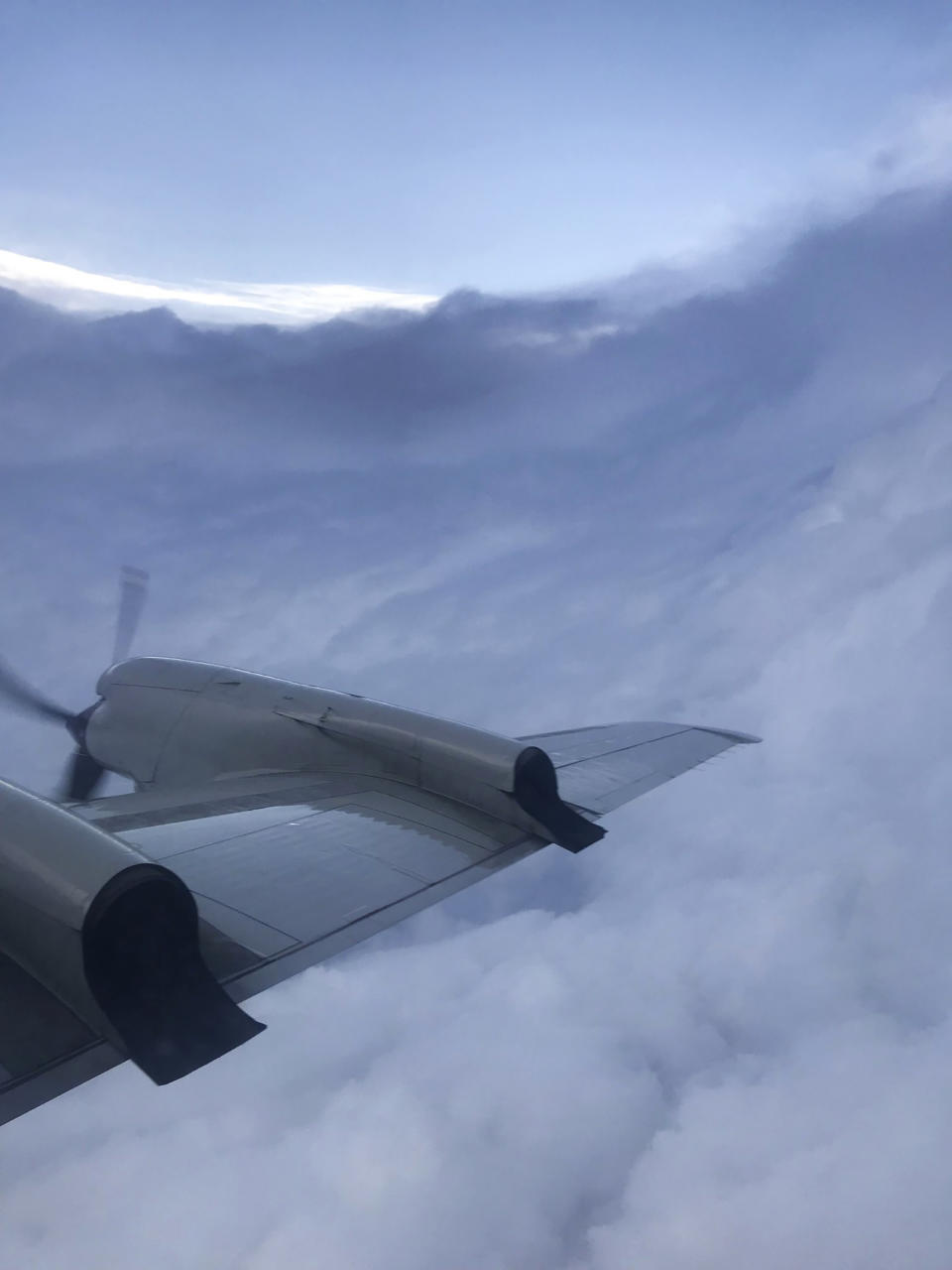 This photo provided by the National Hurricane Center shows a view of Hurricane Dorian from Hurricane Hunter P-3 Aircraft early Saturday, Aug. 31, 2019. Dorian has gained fearsome new muscle as an "extremely dangerous" Category 4 storm, bearing down on the northwestern Bahamas early Saturday en route to Florida's east coast. (Paul Chang/National Hurricane Center via AP)