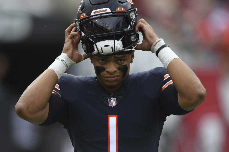 Bears quarterback Justin Fields had five turnovers in an ugly loss Sunday, but his coach Matt Nagy didn&#39;t exactly help him out, either during the game or after. (AP Photo/Jason Behnken)