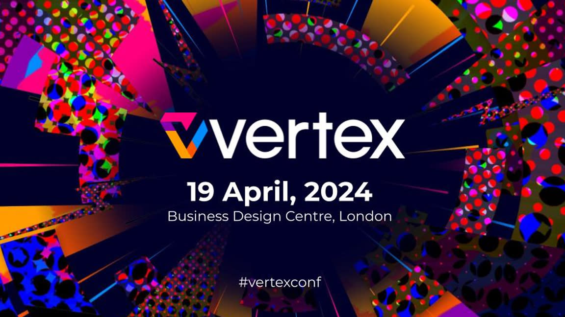  Vertex; a logo on a complex designed background. 