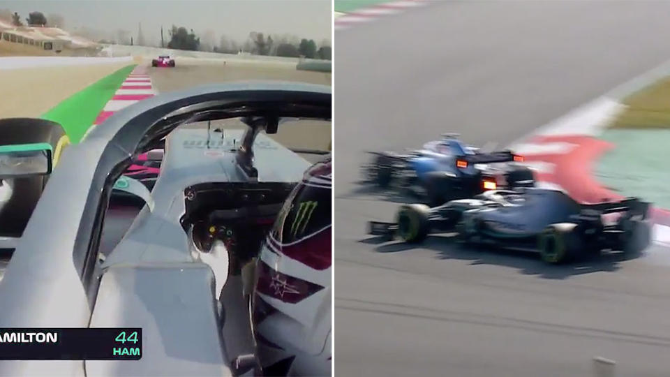 Lewis Hamilton approached Robert Kubica at speed – and just missed his rear. Pic: F1