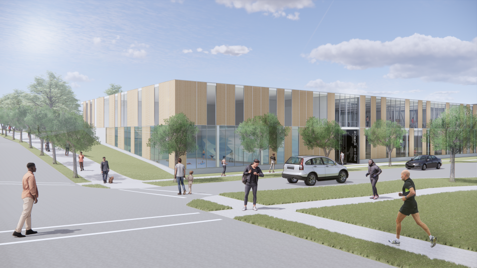 A conceptual view of Des Moines' planned Reichardt Community Recreation Center from the corner of Ninth Street and College Avenue.
