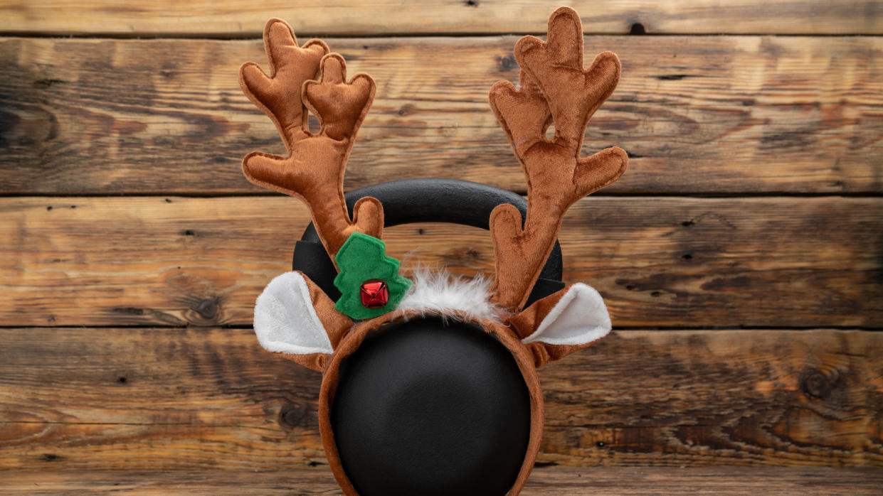 Reindeer headband on kettlebell. 