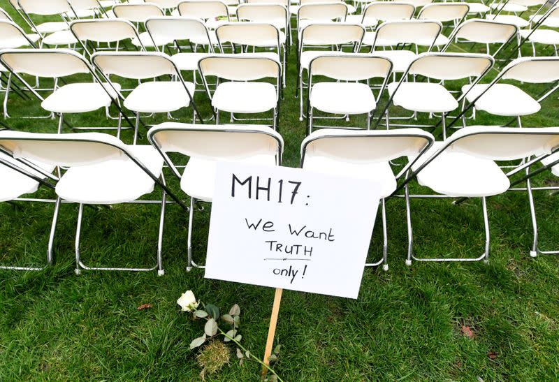 Family members of victims of the MH17 crash protest outside the Russian Embassy in The Hague