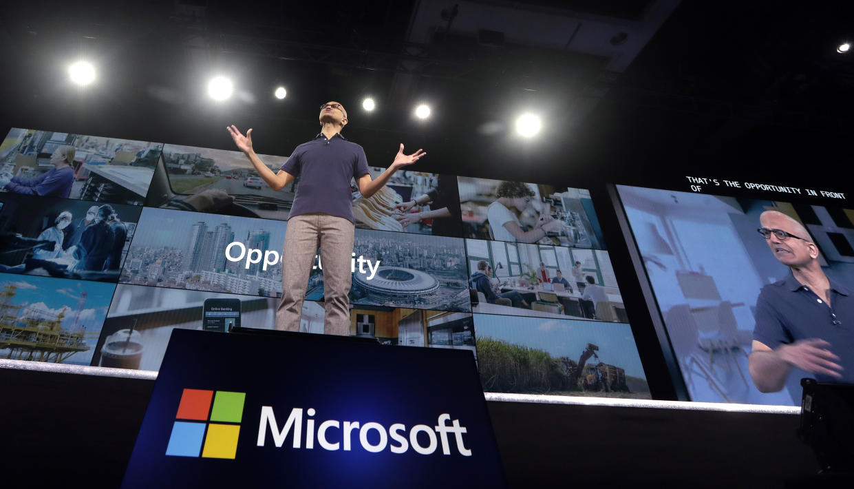 Microsoft CEO Satya Nadella delivers the keynote address at Build, the company's annual conference for software developers Monday, May 6, 2019, in Seattle. (AP Photo/Elaine Thompson)