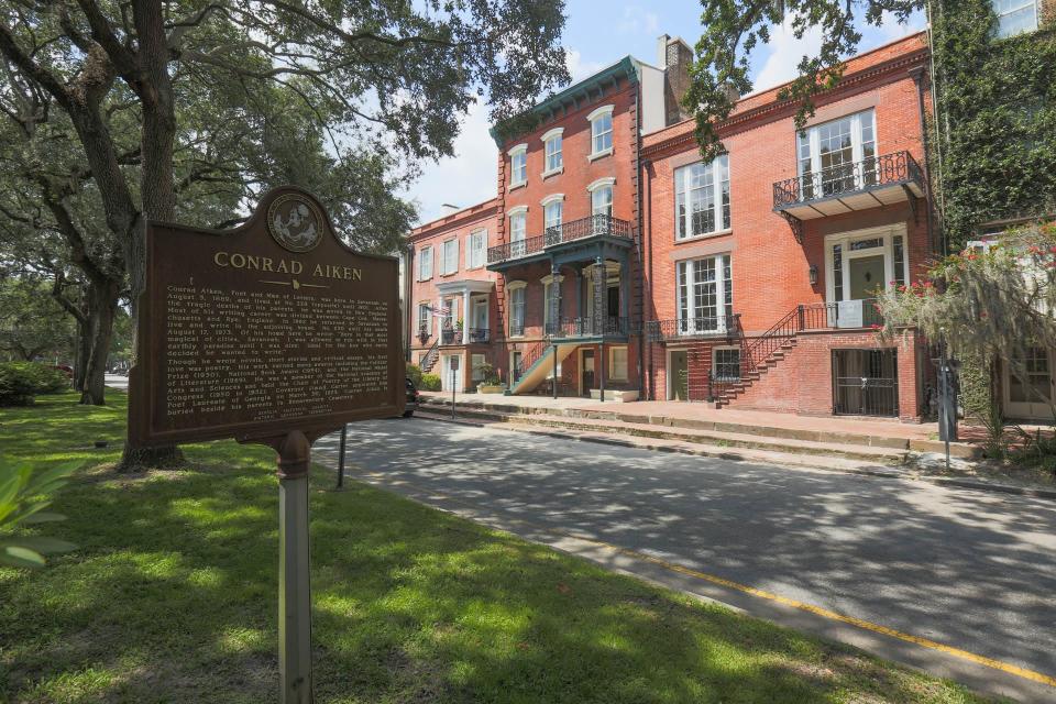 A Historical marker stands in front of the Conrad Aiken childhood home at 228 E. Oglethorpe Avenue in Savannah.