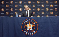 Houston Astros owner Jim Crane speaks at a news conference in Houston, Monday, Jan. 13, 2020. Crane opened the news conference by saying manager AJ Hinch and general manager Jeff Luhnow were fired for the team's sign-stealing during its run to the 2017 World Series title. (Yi-Chin Lee/Houston Chronicle via AP)