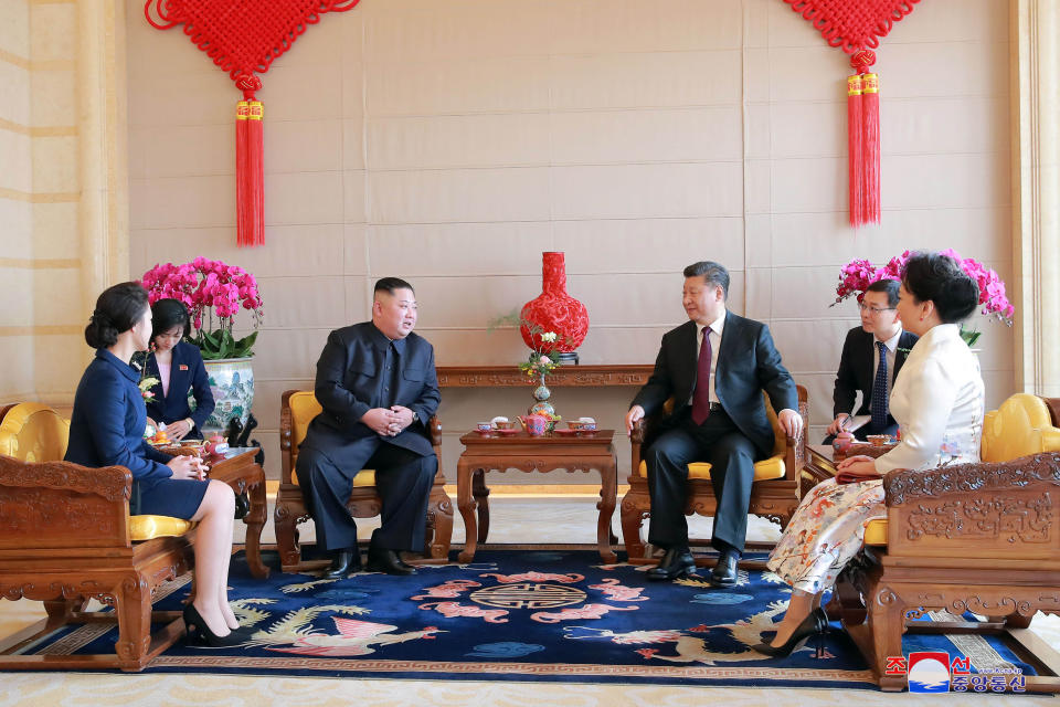 North Korean leader Kim Jong Un meets President Xi Jinping in Beijing, China, in this photo released by North Korea's Korean Central News Agency (KCNA) on January 10, 2019. KCNA via REUTERS    ATTENTION EDITORS - THIS IMAGE WAS PROVIDED BY A THIRD PARTY. REUTERS IS UNABLE TO INDEPENDENTLY VERIFY THIS IMAGE. NO THIRD PARTY SALES. SOUTH KOREA OUT. NO COMMERCIAL OR EDITORIAL SALES IN SOUTH KOREA.