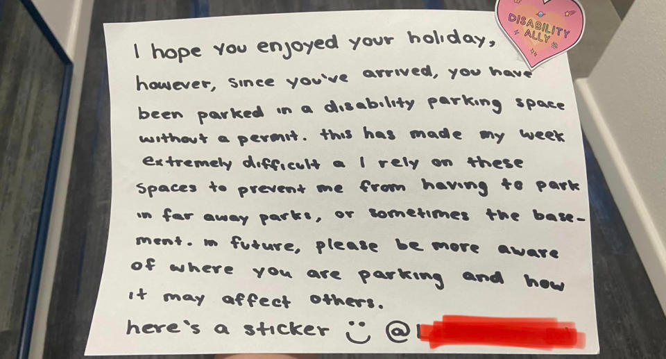 The woman's note to the driver about the disability parking space. 