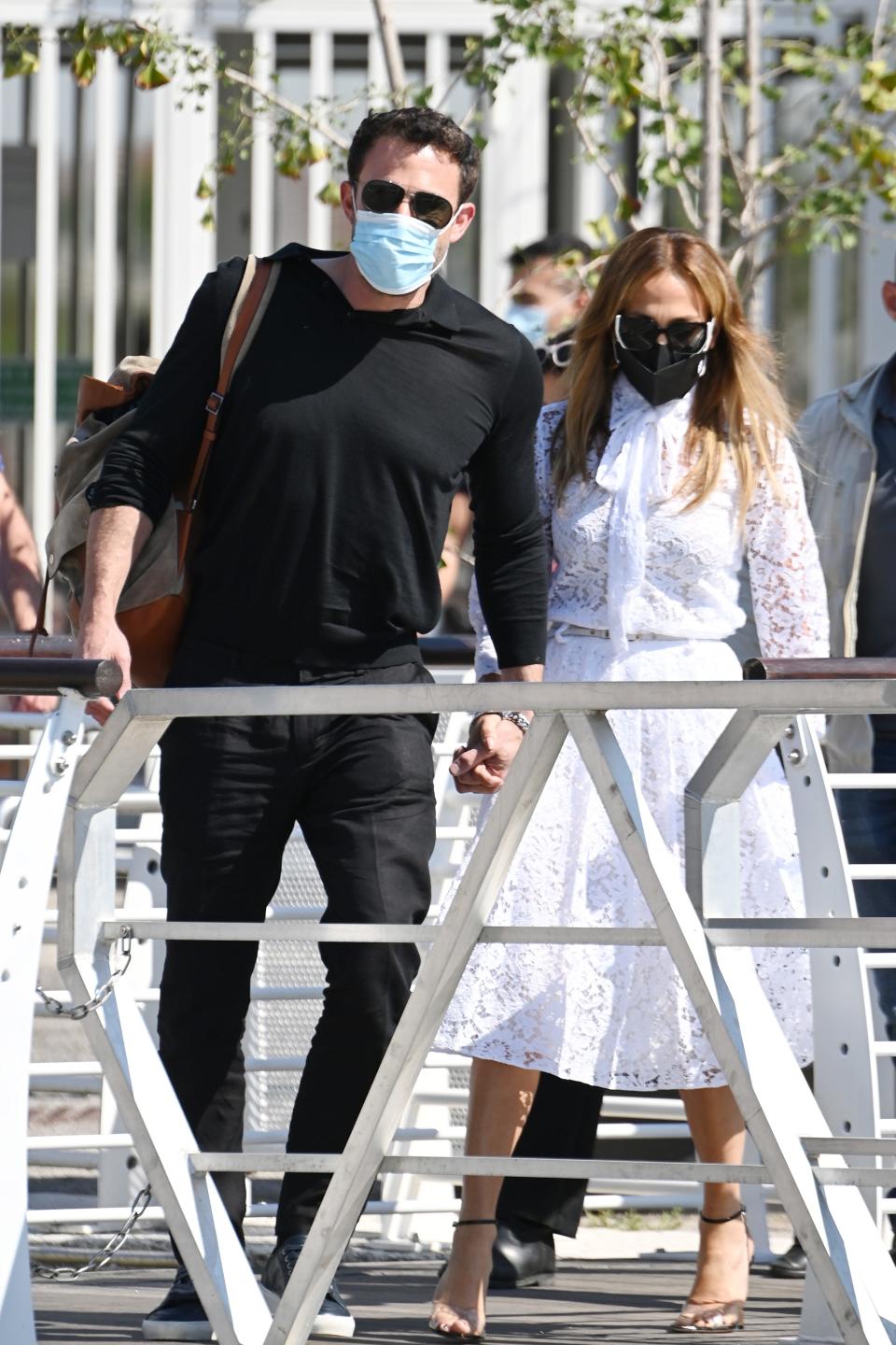 Ben Affleck and Jennifer Lopez arrive at the 78th Venice International Film Festival on Sept. 09, 2021, in Venice, Italy.