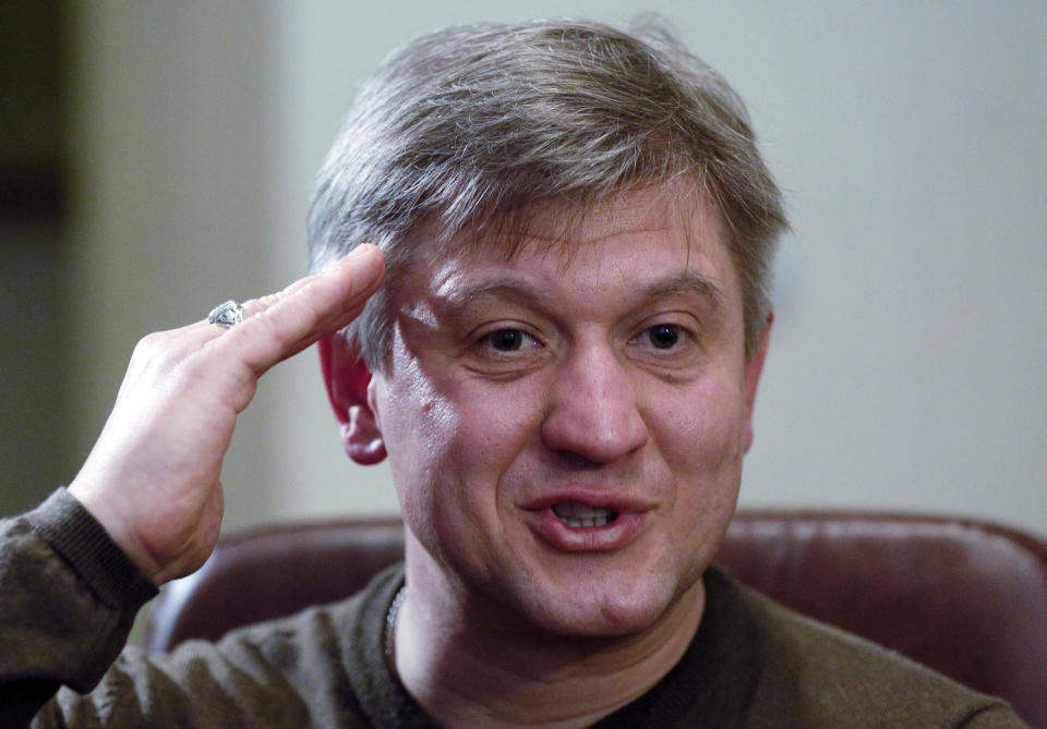 Oleksandr Danyliuk, former Ukrainian Minister of Finance and advisor to presidential candidate Volodymyr Zelenskiy, talks during an interview with The Associated Press in Kiev, Ukraine, Wednesday, April 3, 2019. The thriving campaign of comedian Volodymyr Zelenskiy to be Ukraine’s president may seem improbable, but his campaign adviser says the country has reached the point where it needs reforms from seemingly unlikely sources. Oleksandr Danylyuk spoke to The Associated Press on Wednesday, three days after the election first round in which Zelenskiy easily outpaced incumbent Petro Poroshenko. (AP Photo Efrem Lukatsky)