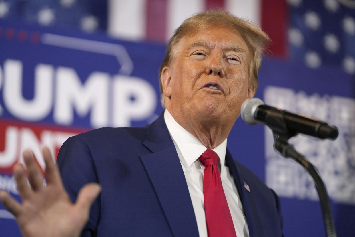 Former President Donald Trump speaks during a Commit to Caucus rally, Saturday, Dec. 2, 2023, in Ankeny, Iowa. (AP Photo/Matthew Putney)