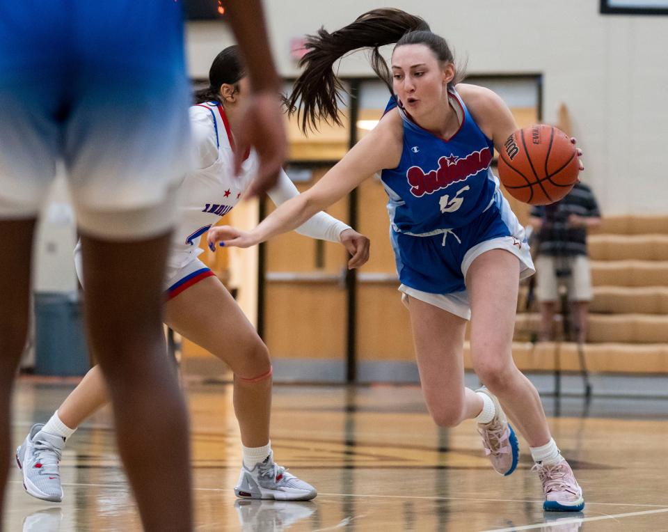 Junior All-Star Riley Makalusky (15) rushes up the court during the game against the Indiana All-Stars on Wednesday, June 8, 2022, at Mt. Vernon High School in Fortville.