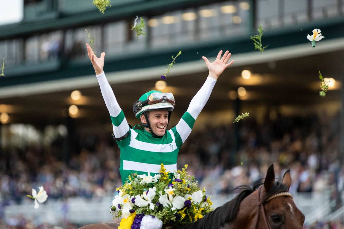 Flavien Prat celebrated his victory aboard Flightline in Saturday’s Breeders’ Cup Classic at Keeneland. On Sunday morning, Flightline was retired from racing to begin his stallion career at Lane’s End Farm next year.