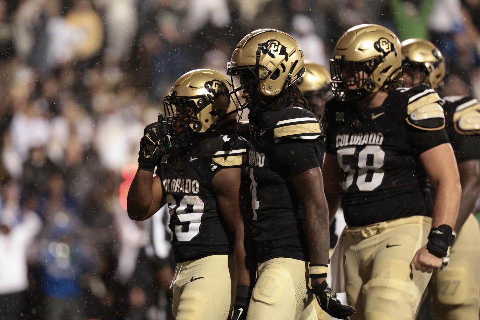 BOULDER, COLORADO – SEPTEMBER 21: Micah Welch #29 of the Colorado Buffaloes celebrates with his teammates after scoring a touchdown during the fourth quarter against the Baylor Bears at Folsom Field on September 21, 2024 in Boulder, Colorado. (Photo by Andrew Wevers/Getty Images)